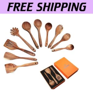 Natural Teak Wooden Kitchen Utensils - 10 Piece Set, Heat Resistant & Versatile